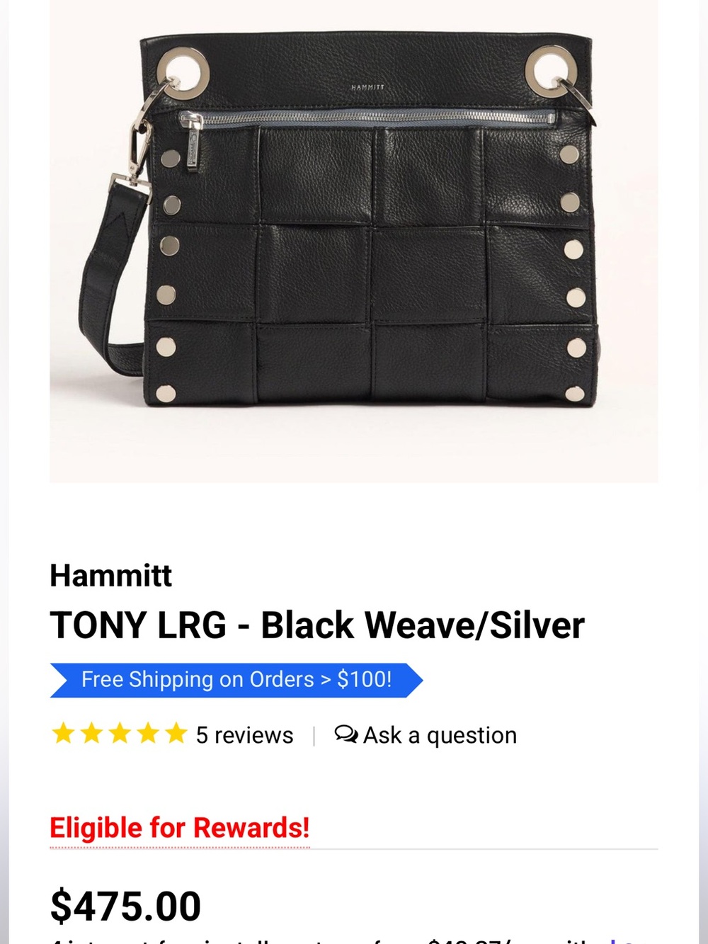 Hammitt Black Quilted Leather VIP TONY Bag Large Black Weave/Silver! - Picture 4 of 4
